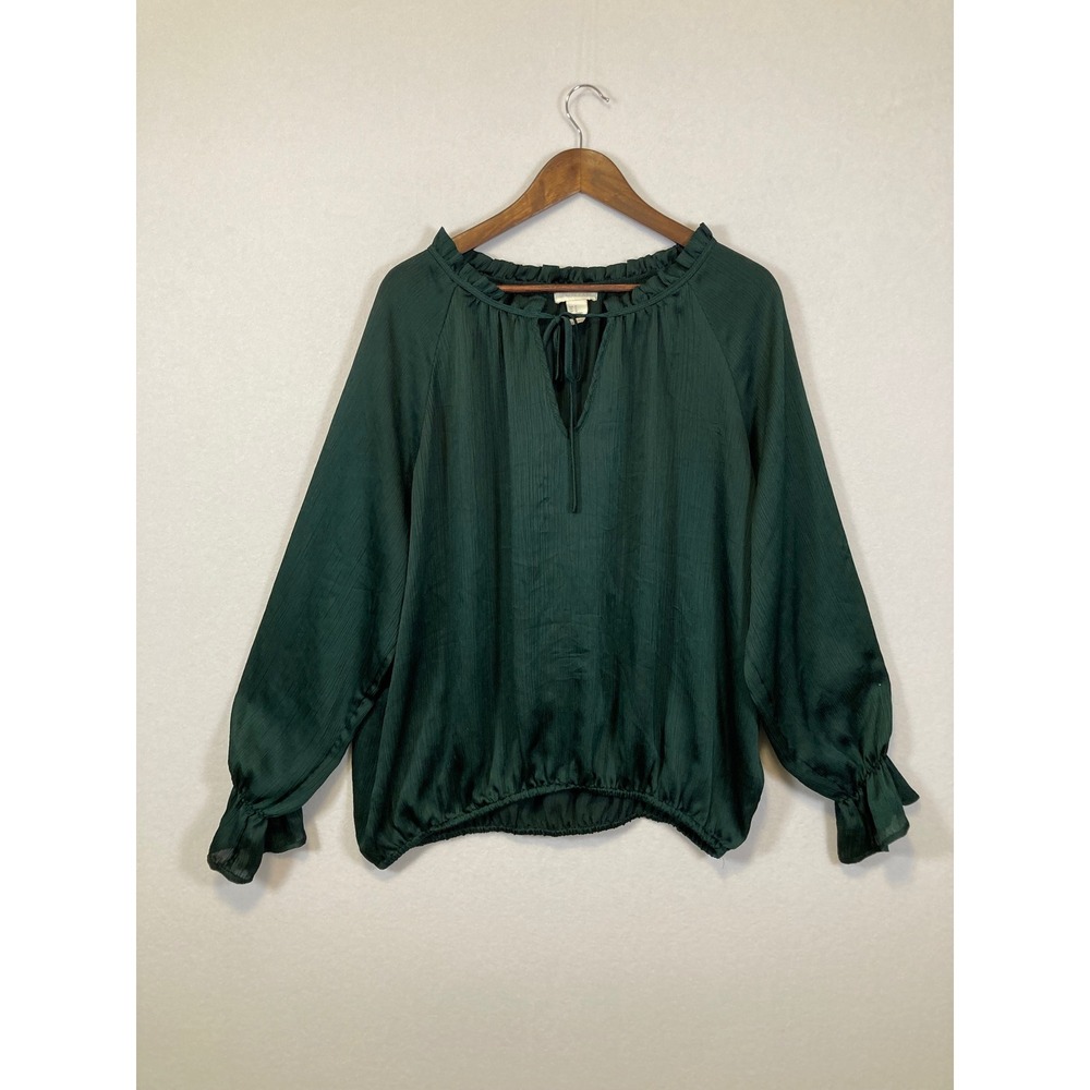 HM Conscious Blouse Women 10 Green Satin Crinkle Tie Neck Ruffle Long Sleeve Top